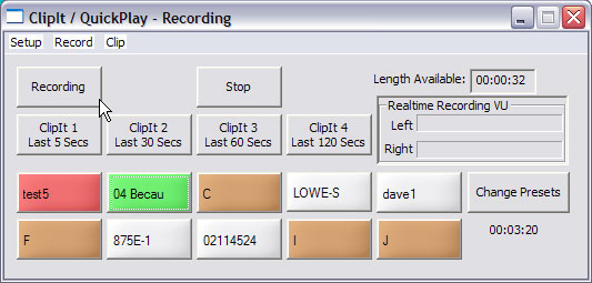 Screenshot of Clip-It Recorder that shows the buttons for the last 5 seconds clip, last 30 seconds clip, last 60 seconds clip, last 120 seconds clip and the presets