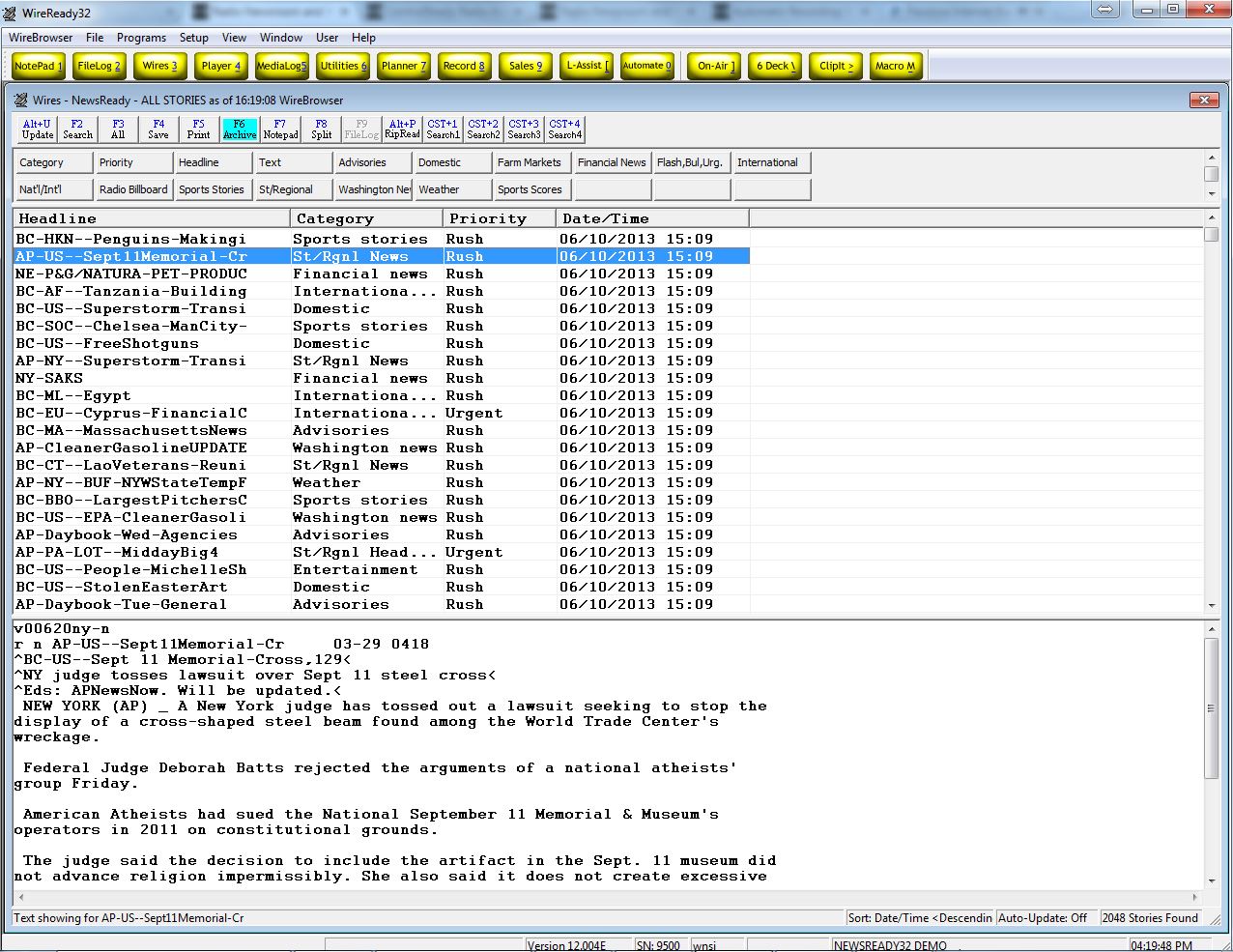 full size screenshot of WireBrowser part of the NewsReady Radio Newsroom and Wire Capture Software